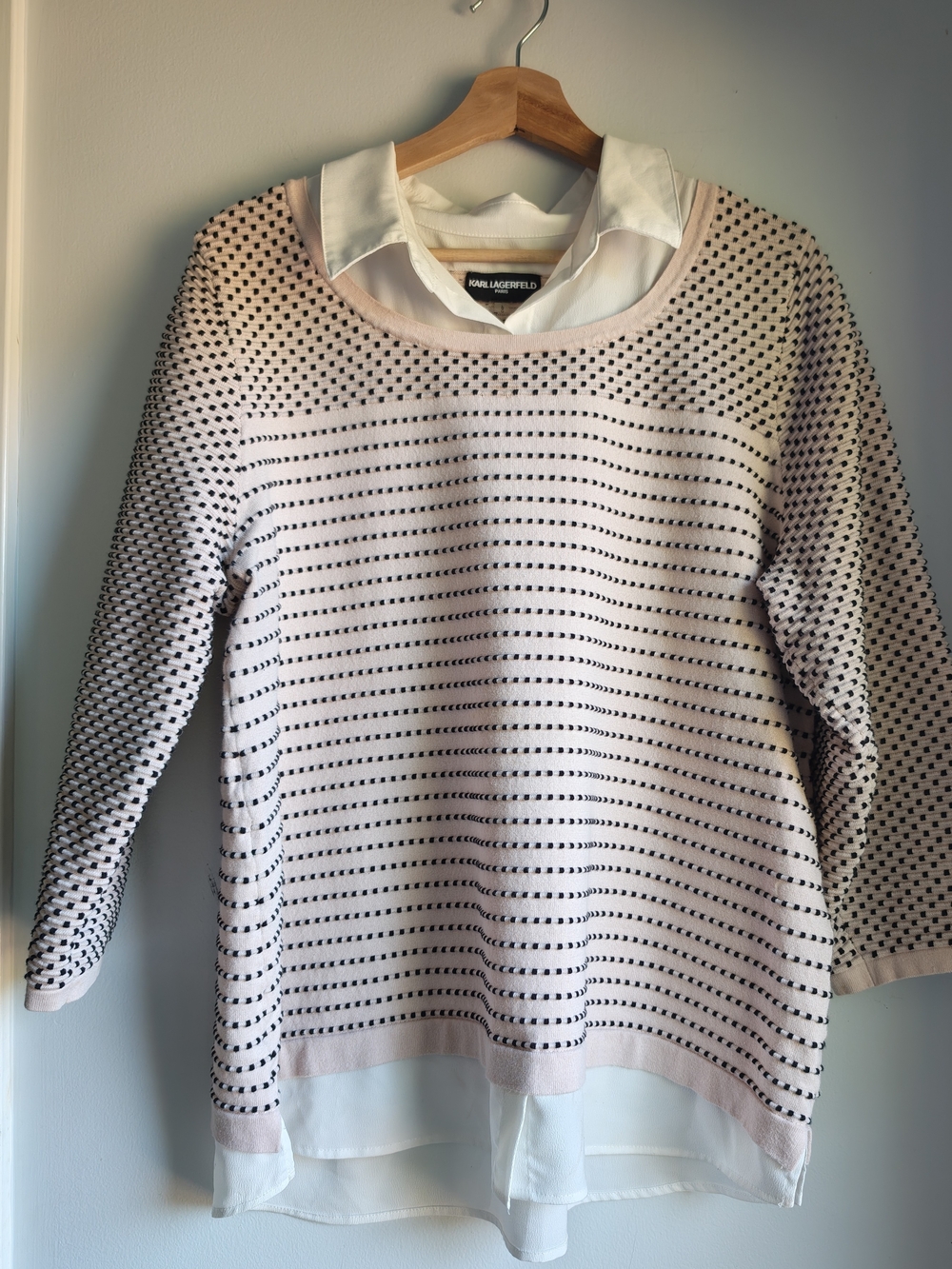 Karl Lagerfeld Light Pink Knit Sweater with Layered Shirt Hem